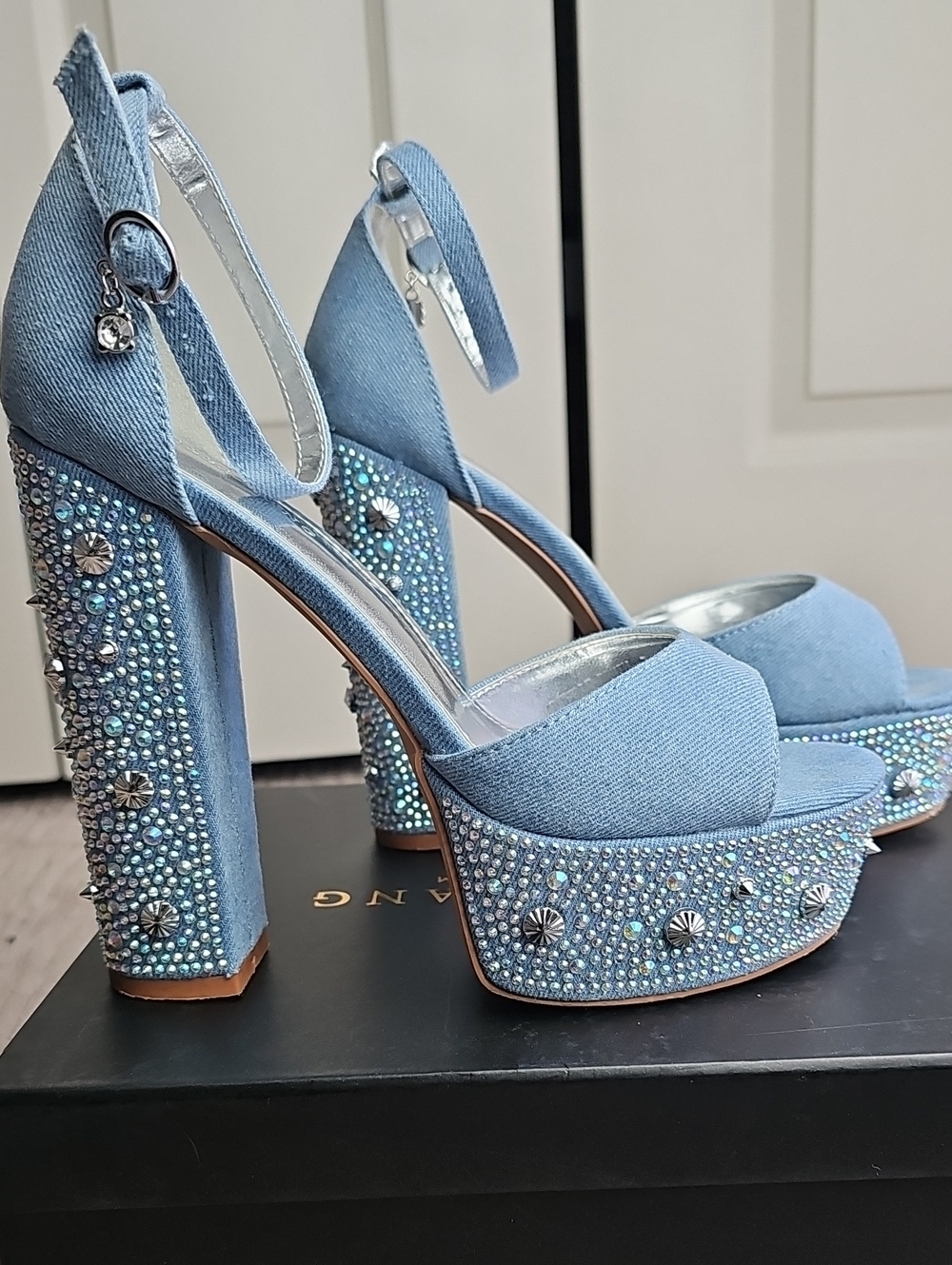 Light Blue Platform Ankle-Strap High Heels with Rhinestone Embellishment